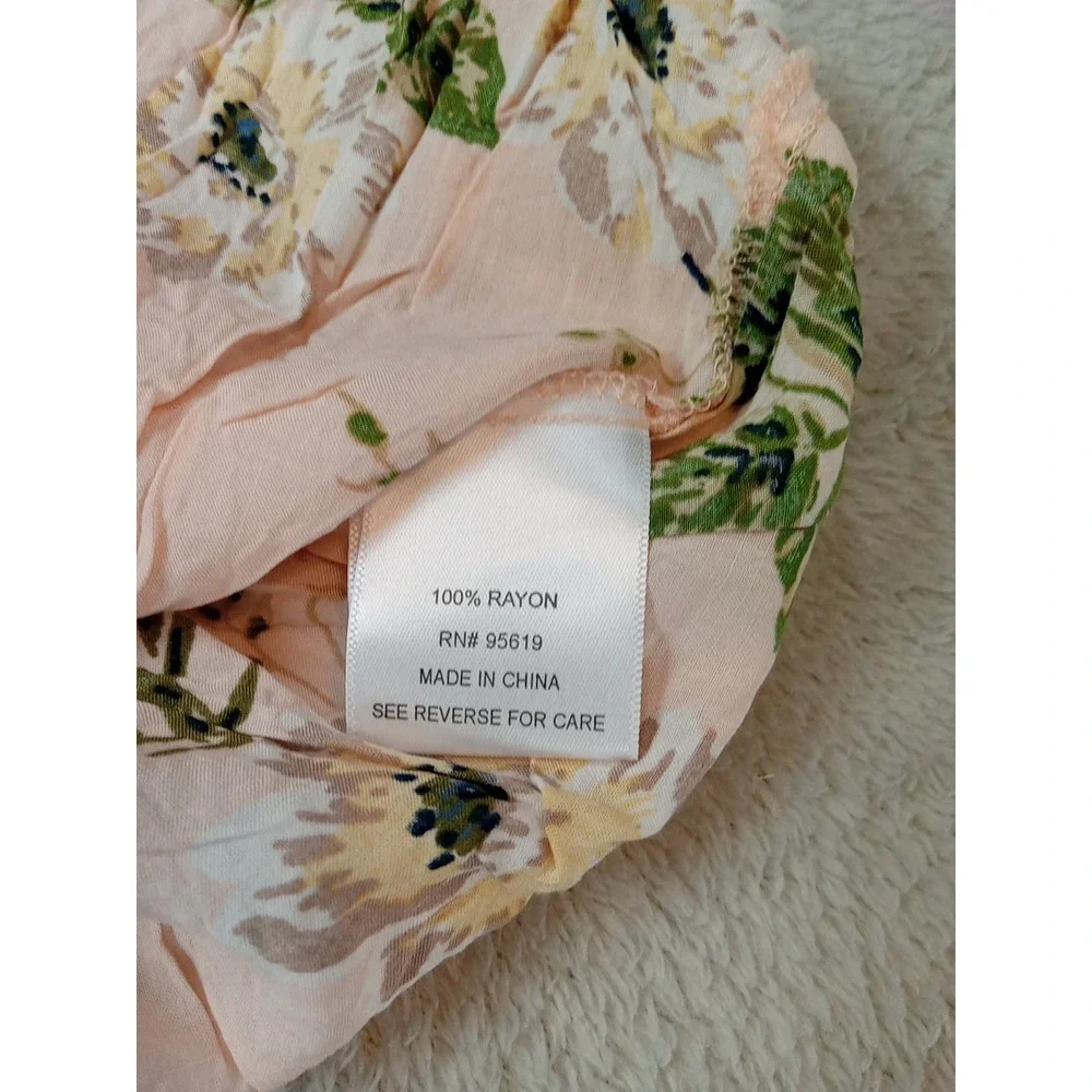 Fever Peach Floral Sheer Bell Sleeve And Hem Perforated Detail Boho Top Womens M